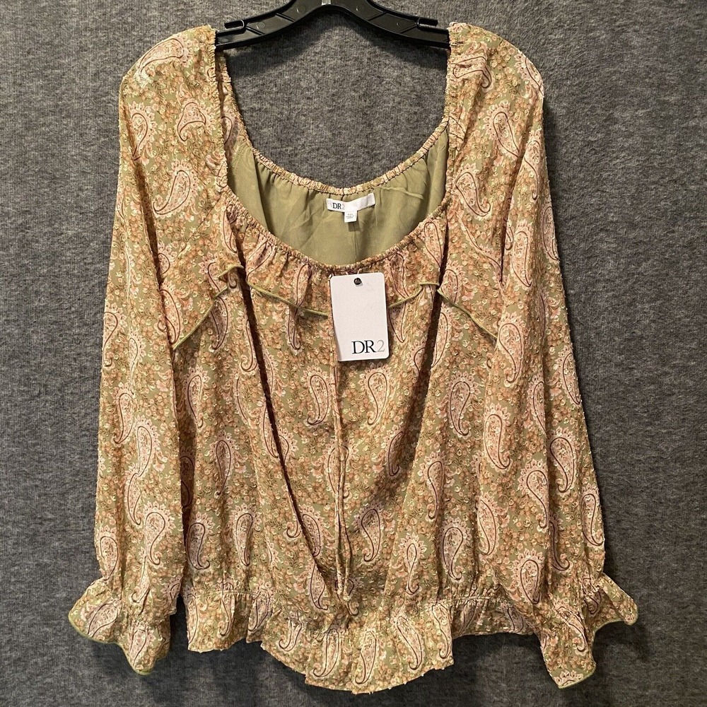 NEW DR2 Daniel Rainn Blouse Women XXL Green Paisley Ruffle Off Shoulder Boho Top